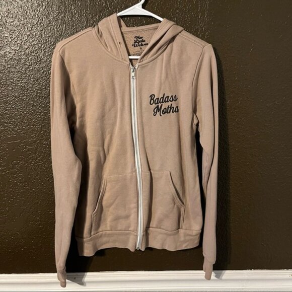 Tan ‘Badass Motha’ Zip Down Hoodie by Her Little Wolves, Sz Small No Drawstring - Picture 1 of 7